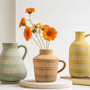 Retro Color-Blocked Ceramic Flower Jar Set with Handles